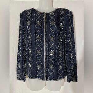 Scala Vintage Midnight Blue Beaded Jacket Size Small